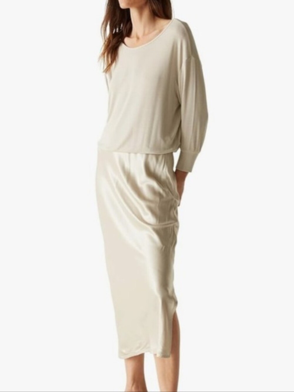 Michael Stars Nadia Dress Maxi Satin Skirt Ribbed Top 2 In 1 Cement